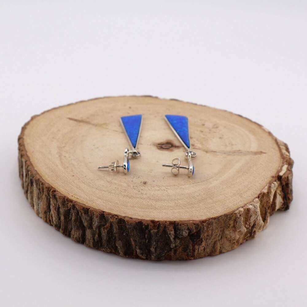 Zuni Offset Triangle‎ Dangle Earrings Sterling Silver Opal Native American** - Picture 6 of 11